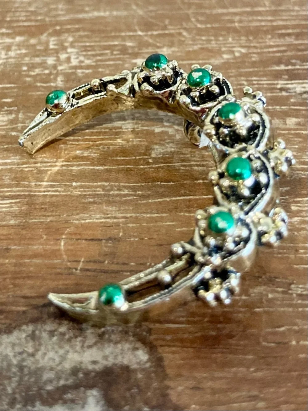 Gold Tone and Green Enamel Crescent Brooch